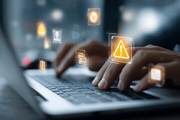 Close-up on a laptop keyboard with hands typing and a digital data chart overlay. Illustration.