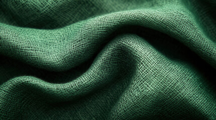 macro shot of dark green stonewashed cotton fabric with natural folds, soft textile texture background