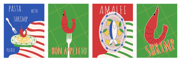 Summer. Italy. Amalfi art. Collection seafood poster cover template design. Vector illustration of sardines lemons shrimp on the plate. Set Mediterranean art. EPS 10