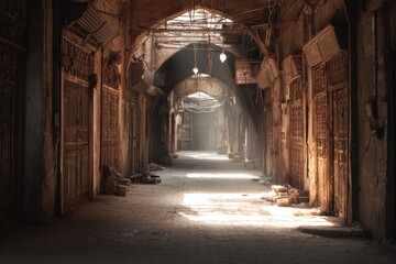 Fototapeta premium Abandoned marketplace corridor with weathered walls, scattered debris, and shafts of light illuminating the dusty floor, creating an atmosphere of nostalgia and history