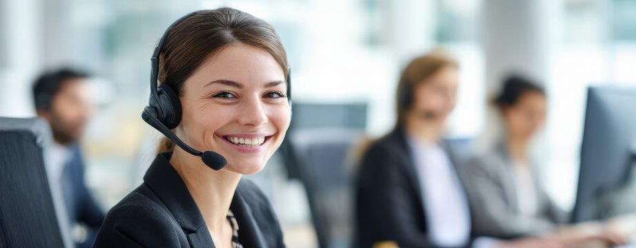 The smiling woman in a call center showcasing excellent customer service skills - Powered by Adobe