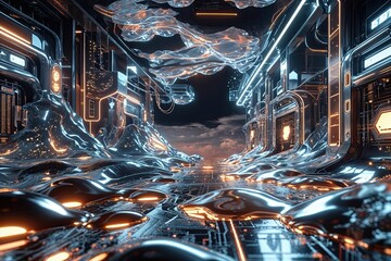 Immersive 4D Technological Landscapes with Molten Chrome Luminescence and Programming Graphics in Cloud Modules