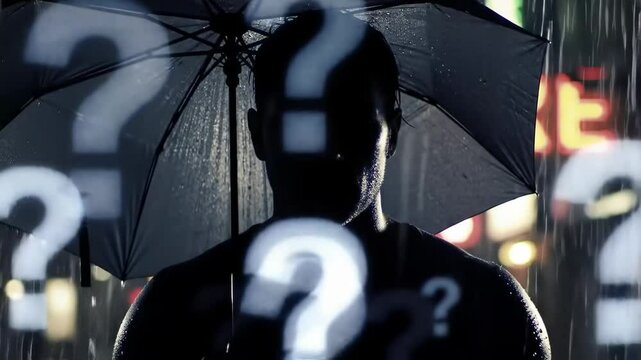 Silhouette Under Umbrella with Question Marks in Rainy Night Scene