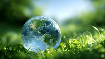 A stunning view of a clear globe resting on vibrant green grass under a bright sky.