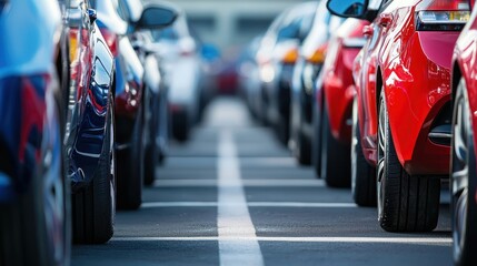 A long row of red and blue cars parked in a row on a street with a blurred background.