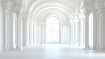 Naklejka premium Grand, white colonnaded hall, arches, columns, light