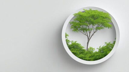 A vibrant circular depiction of a green tree surrounded by lush foliage.