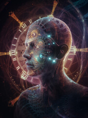 Futuristic human head with glowing circuits and cosmic clock background in a surreal time scene. Time Spiral Being