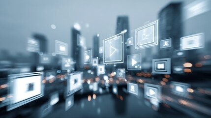 Abstract city with digital icons representing technology and connectivity.