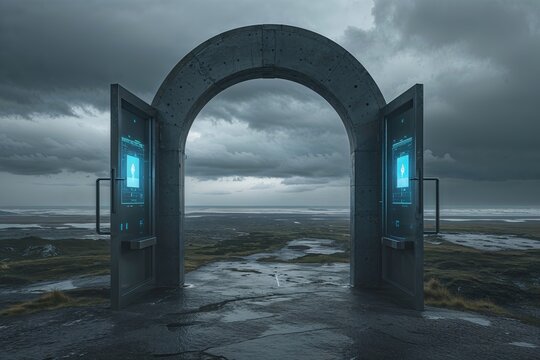 Digital Technology Revealing Stormy Skies and Portal Landscapes