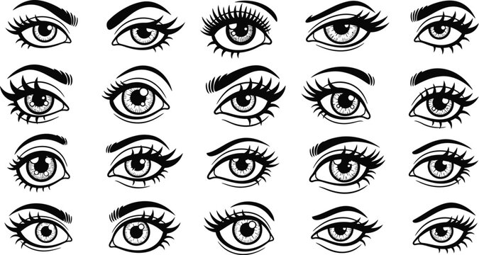 Stylized Black and White Eye Collection - Cartoon Vision Set