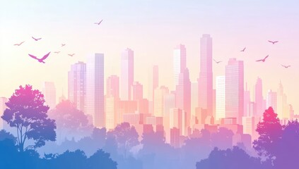 Fototapeta premium Pastel cityscape skyline with trees and birds