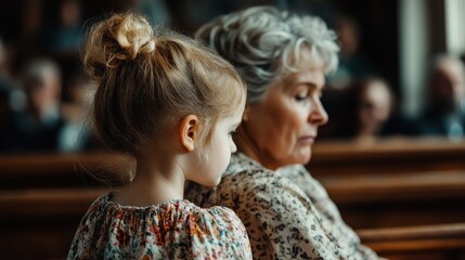 A touching moment captured between a grandmother and her granddaughter, showcasing the warmth of family connections during a solemn event in a beautiful setting.