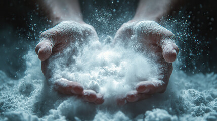 Fototapeta premium suspended white powder between palms, frozen in explosive motion 