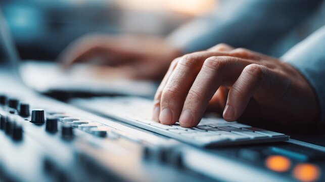 Close-up of a person's hand typing on a keyboard, focused on productivity and technology.
