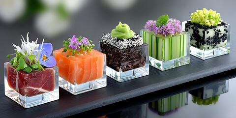 Gourmet food cubes in glass