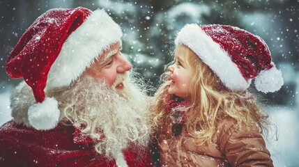 Santa Claus and a child in a snowy forest, wearing red hats and smiling, with snowflakes falling around them.