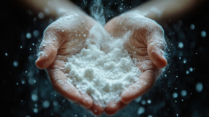 Fototapeta premium suspended white powder between palms, frozen in explosive motion 