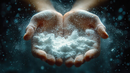 Fototapeta premium suspended white powder between palms, frozen in explosive motion 