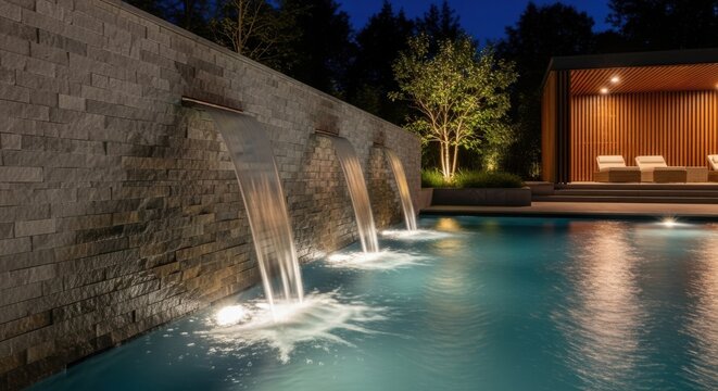 Beautiful Swimming Pool Oasis With Waterfalls at Twilight Time