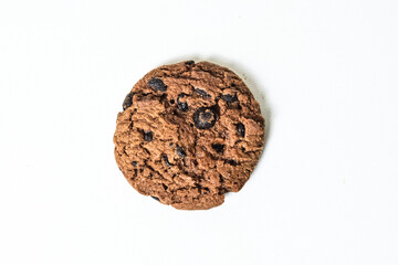 Top view of one chocolate chip cookie isolated on white background. Close up. clipping path. high angle, above.