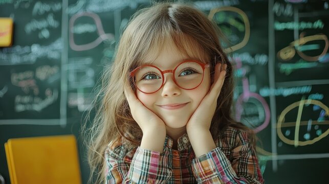 A young girl with long hair wearing a plaid shirt, sitting in front of a chalkboard with mathematical equations and diagrams. - Powered by Adobe