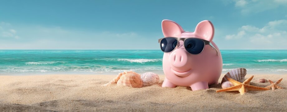 The adorable piggy bank enjoying a sunny day at the beach.