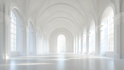 Naklejka premium Vast, sunlit white hall with arched windows and columns