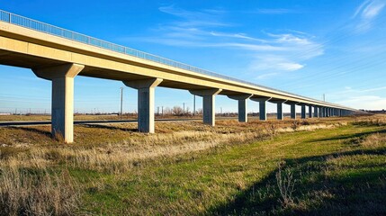 A long, yellow concrete bridge with a metal railing stretches across a grassy field under a clear blue sky with a few wispy clouds.