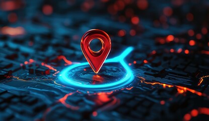 A glowing red map marker pinpoints a location on a futuristic, dark cityscape.  Neon blue light circles the marker