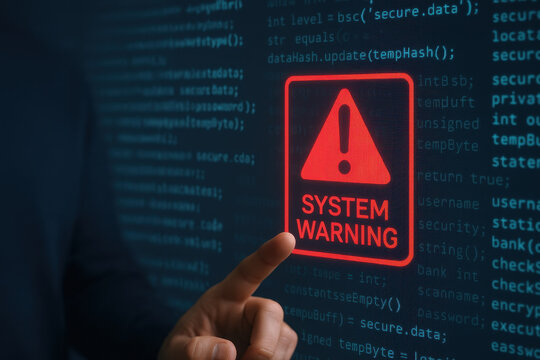 System warning alert on digital interface highlights cyber security risk and threat of hacking virus breach in contemporary technology environment for online client support service