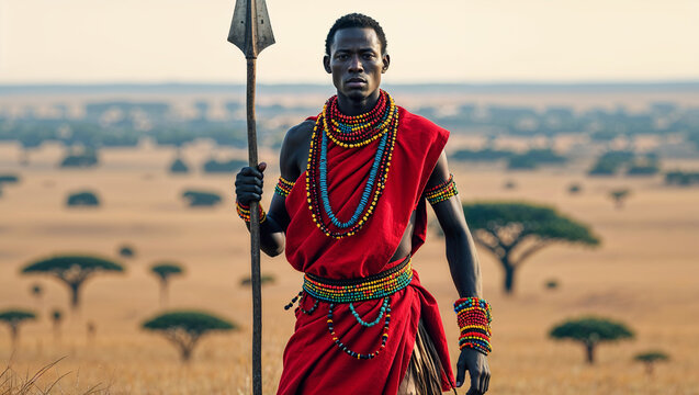 A proud maasai warrior stands holding spear in traditional attire on the african savanna
