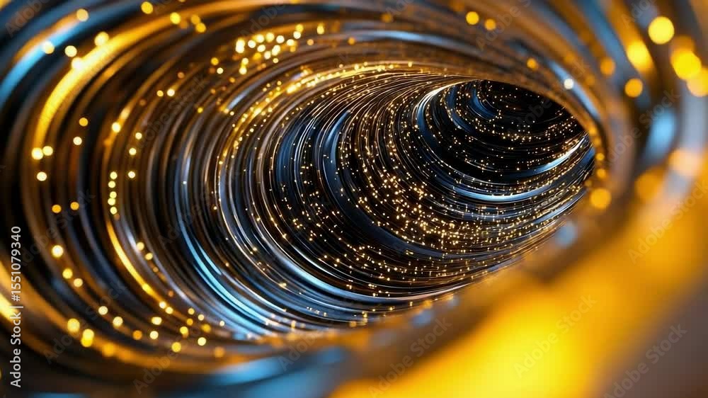 Poster a swirling, illuminated tunnel of metallic rings and glowing particles, creating a dynamic, abstract