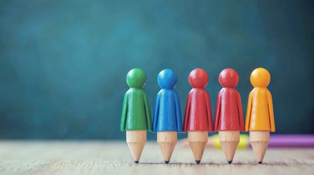 A group of five colorful wooden pencil figures standing in a row on a wooden surface with a green background.