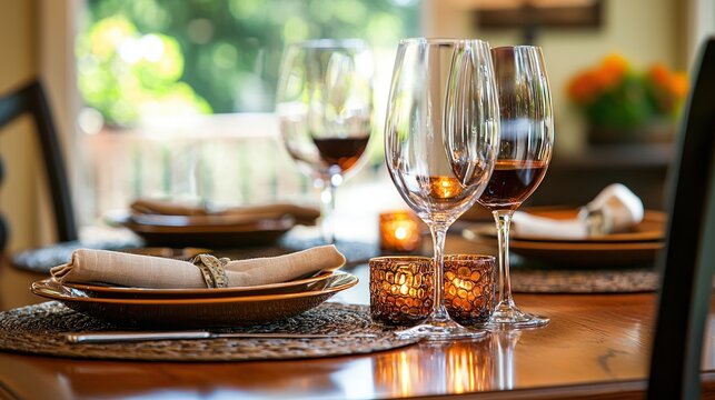 A neatly set dining table with wine glasses, plates, and a vase of flowers.