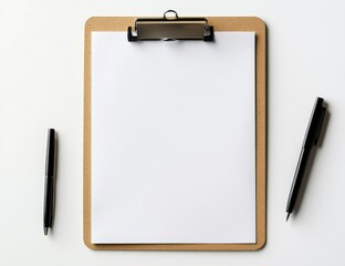 Blank clipboard with pens on white surface
