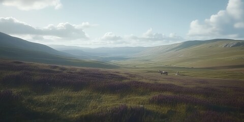 Obraz premium Serene Rolling Hills Landscape with Grazing Animals under a Cloudy Sky