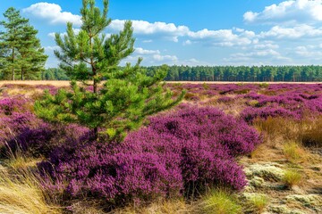 Obraz premium Serene Heather Landscape Young Pine Tree in Purple Blooming Heath Field under Blue Sky