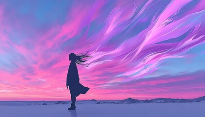 Silhouette figure, vibrant sunset, flowing hair