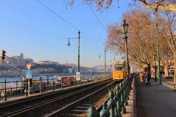 Traditional tram passes by in Budapest, Hungary 