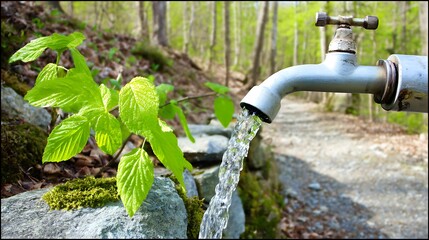 Fresh water flowing from a tap in the woods