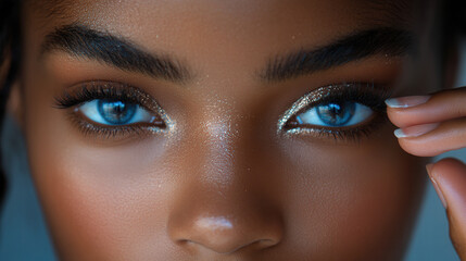 Fototapeta premium Close-up of woman gently applying shimmery under eye serum with finger