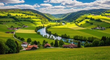 Fototapeta premium Beautiful Green Valley Landscape with Winding River and Charming Village Houses Under a Blue Sky