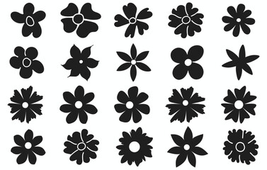 Collection of black daisy flower silhouette icons isolated on white background for vector design. Hand drawn decorative elements of flower shapes.