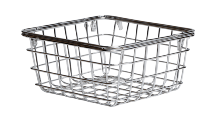 A chrome-plated wire basket, white background --ar 16:9
