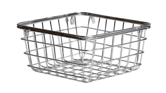 A chrome-plated wire basket, white background --ar 16:9
