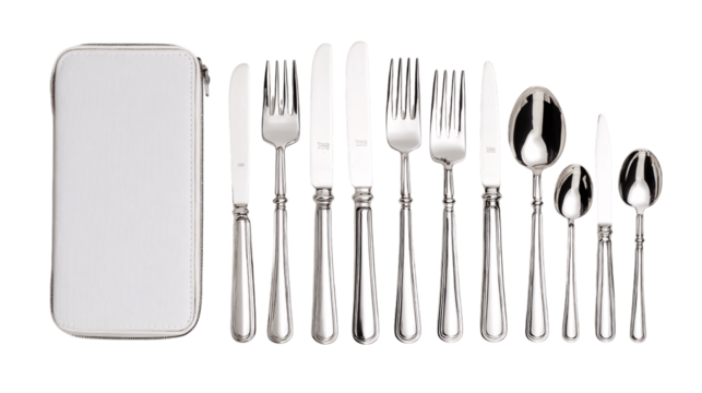 A chrome-plated travel cutlery set, white background --ar 16:9