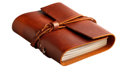 A compact leather sketch journal, white background --ar 16:9