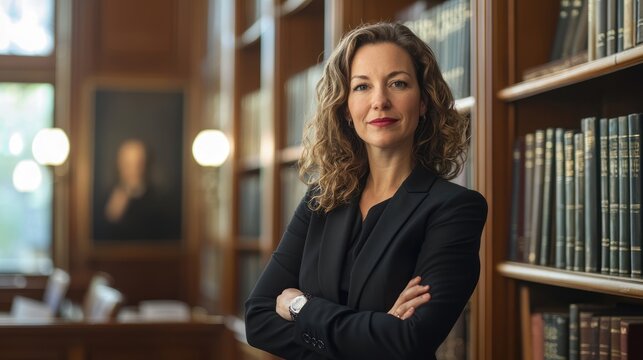 A woman in a black blazer standing in a library with a bookshelf in the background. - Powered by Adobe