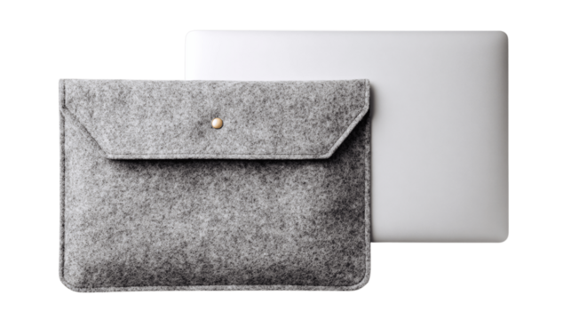 A custom felt laptop sleeve, white background --ar 16:9